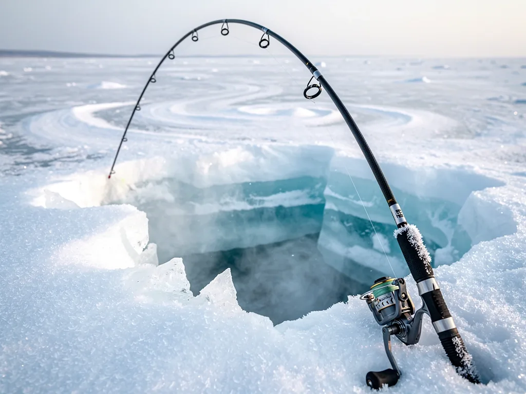 Tension-loaded fishing rod over an ice hole
